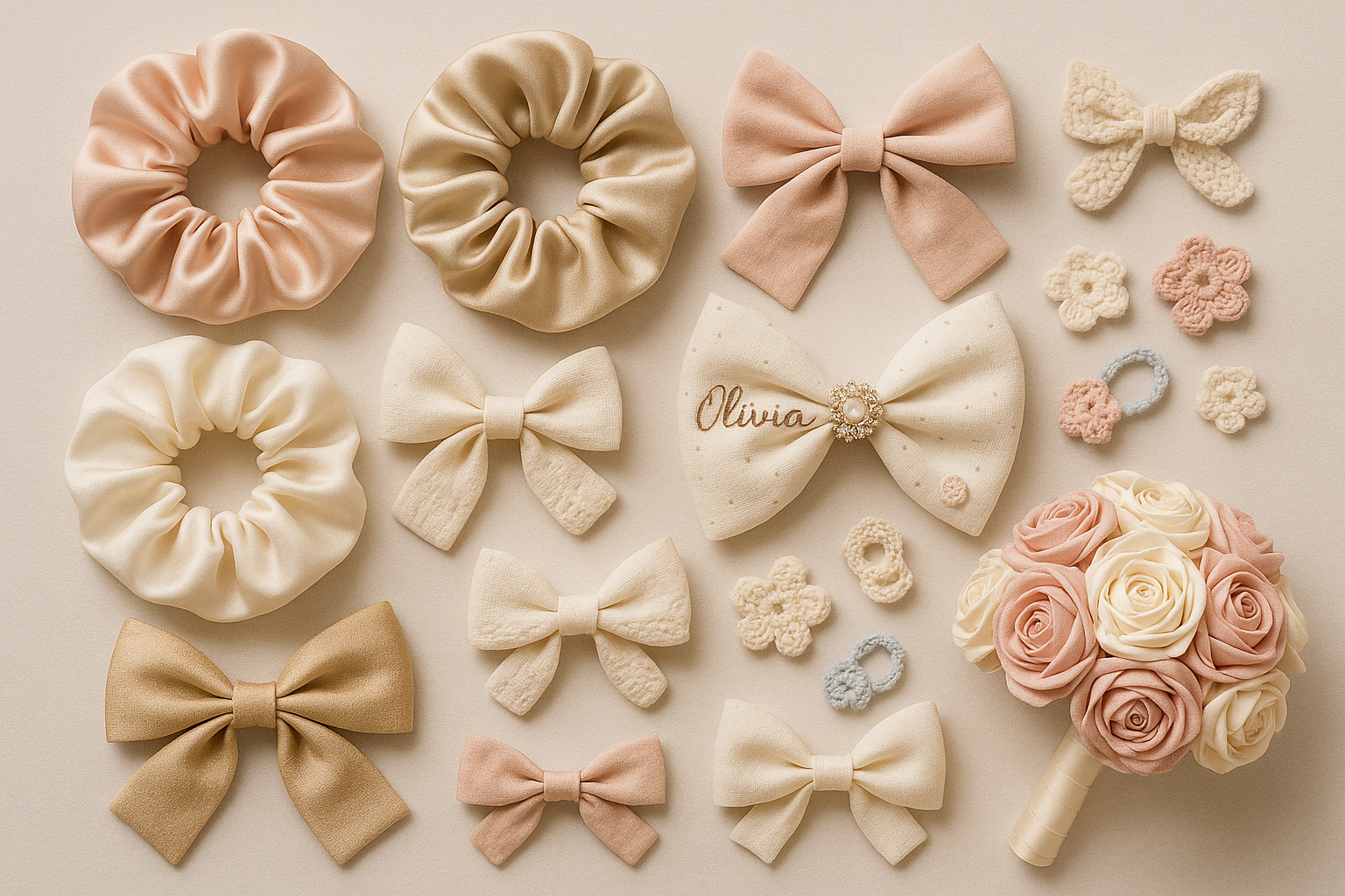 make a picture of scrunchies , satin scrunchies, bows, custimized bows, crochet itesm, ribbon rose booquet